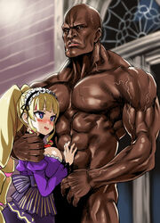  1boy :d abs asanagi blonde_hair blue_eyes blush breasts clothed_female_nude_male commentary_request commission dark-skinned_male dark_skin deep_web_underground dress female hairband heart heart-shaped_pupils highres large_breasts lolita_hairband long_hair looking_at_viewer manly muscular nude open_mouth parted_lips shinsougumi skeb_commission smile straight symbol-shaped_pupils thick_arms twintails veins veiny_arms very_long_hair virtual_youtuber 