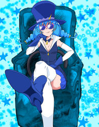  :q aqua_hair blue-tinted_eyewear blue_background blue_cat_(precure) blue_footwear blue_gloves blue_hat blue_neckwear blue_skirt blue_theme blue_vest boots braid cat_tail choker commentary_request crossed_legs female gloves hat highres knee_boots looking_at_viewer nann_tou popped_collar precure short_hair sitting skirt solo star_(symbol) star_twinkle_precure starry_background sunglasses tail thighhighs thighhighs_under_boots tinted_eyewear tongue tongue_out top_hat twin_braids vest white_thighhighs yuni_(precure) 