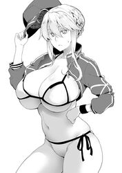  ahoge artoria_pendragon_(fate) artoria_pendragon_(lancer)_(fate) baseball_cap bikini braid braided_bun breasts cleavage collarbone commentary cosplay fate/grand_order fate_(series) female frown greyscale hair_bun hat highres holding holding_clothes holding_hat huge_breasts jacket looking_at_viewer medium_hair monochrome mysterious_heroine_xx_(fate) mysterious_heroine_xx_(fate)_(cosplay) navel photoshop_(medium) shrug_(clothing) side-tie_bikini_bottom skindentation soba_(saz) solo sweatdrop swimsuit unworn_hat unworn_headwear white_bikini 