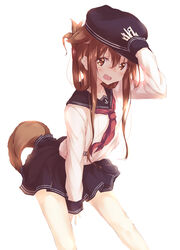  absurdres anchor_symbol animal_ears bad_id bad_pixiv_id black_hat black_sailor_collar black_skirt blush brown_eyes brown_hair collarbone commentary_request cowboy_shot female flat_cap folded_ponytail hair_between_eyes hat highres inazuma_(kancolle) kantai_collection kemonomimi_mode long_hair long_sleeves neckerchief numpopo open_mouth pleated_skirt red_neckerchief sailor_collar school_uniform serafuku sidelocks simple_background skirt solo tail white_background 