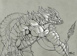  2019 ambiguous_gender anthro armor boneitis dragon horn inks monochrome mythological_creature mythological_scalie mythology scalie signature simple_background solo spikes tail traditional_media_(artwork) 