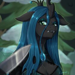  1:1 2019 anthro arthropod changeling clothing digital_media_(artwork) evomanaphy eyelashes fangs female friendship_is_magic green_eyes hair hasbro hi_res horn knife knife_cat long_hair looking_at_viewer meme my_little_pony queen_chrysalis_(mlp) smug smug_cat smug_face solo teeth 