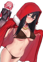  2girls black_bra black_hair black_panties blue_eyes blush bra breasts capelet cecilia_(pixiv_fantasia_last_saga) cloak commentary_request hood hooded_cloak leslie_the_moon_queen long_hair looking_at_another looking_at_viewer medium_breasts midriff multiple_girls navel panties partial_commentary peeking_through_fingers pixiv_fantasia pixiv_fantasia_last_saga poco_(backboa) red_eyes red_hair red_hood simple_background standing sweatdrop underwear white_background 