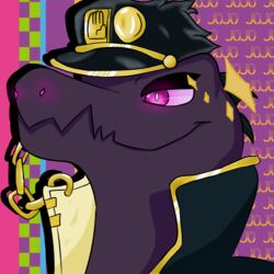  1:1 2019 clothed clothing digital_media_(artwork) female generation_7_pokemon hair jojo&#039;s_bizarre_adventure jotaro_kujo lizard meme natanibw natanibw_(artist) nintendo pokemon pokemon_(species) purple_eyes reptile salazzle scalie simple_background smile smirk smug solo teeth 