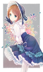  blue_bow blue_eyes blue_gloves blue_headwear blue_skirt blush bonnet bow brown_hair closed_mouth commentary_request emma_woods emma_woods_(boudoir_dream) female floral_background frilled_shirt frilled_shirt_collar frills gloves grey_background hand_up high-waist_skirt identity_v leaning_forward lolita_fashion official_alternate_costume pantyhose petals ribbon-trimmed_gloves ribbon_trim shirt sidelocks skirt smile solo standing two-tone_background white_background white_pantyhose white_shirt yonema 