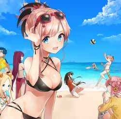  1boy 6+girls abigail_williams_(fate) ahoge ass bad_id bad_twitter_id beach bikini black_bikini black_bow black_hair blonde_hair blue_eyes blue_hair blue_sky blush bow breasts buster_shirt cleavage closed_eyes commentary_request crab criss-cross_halter cu_chulainn_(fate) cu_chulainn_(fate/stay_night) day dolphin earrings eating eyewear_on_head fate/grand_order fate_(series) flower food frankenstein&#039;s_monster_(fate) frankenstein&#039;s_monster_(swimsuit_saber)_(fate) frankenstein&#039;s_monster_(swimsuit_saber)_(first_ascension)_(fate) frilled_bikini frills front-tie_bikini_top front-tie_top hair_flower hair_ornament hairbow halterneck hawaiian_shirt highres jeanne_d&#039;arc_(fate) jeanne_d&#039;arc_(swimsuit_archer)_(fate) jeanne_d&#039;arc_(swimsuit_archer)_(second_ascension)_(fate) jewelry large_breasts long_hair medium_breasts miyamoto_musashi_(fate) multi-strapped_bikini_bottom multiple_girls navel necklace oda_nobunaga_(fate) oda_nobunaga_(swimsuit_berserker)_(fate) oda_nobunaga_(swimsuit_berserker)_(first_ascension)_(fate) oerba_yun_fang okita_souji_(fate) okita_souji_(koha-ace) onnanokofish outdoors pink_hair ponytail popsicle sarong scathach_(fate) scathach_(swimsuit_assassin)_(fate) shirt short_hair short_twintails side-tie_bikini_bottom sky sunglasses sweatdrop swimsuit twintails volleyball water 