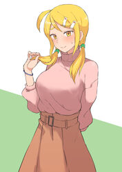  absurdres ahoge bad_link belt blonde_hair blush bracelet commentary_request female hair_ornament hairclip highres jewelry long_hair looking_at_viewer original pink_sweater simple_background skirt solo sweatdrop sweater terasu_mc twintails white_background yellow_eyes 