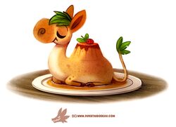  2016 ambiguous_gender camel camelid closed_eyes custard_(food) dessert digital_media_(artwork) digital_painting_(artwork) dromedary feral food food_creature fruit humor leaf mammal piper_thibodeau plant plate pudding pun simple_background smile solo strawberry syrup text url visual_pun white_background 