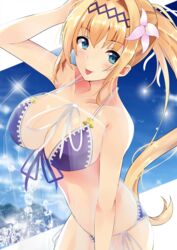  :p arm_behind_head bad_id bad_pixiv_id bare_shoulders bikini blonde_hair blue_eyes blush breasts cleavage collarbone commentary_request dress female flower granblue_fantasy hair_between_eyes hair_flower hair_ornament hairband highres jeanne_d&#039;arc_(granblue_fantasy) jeanne_d&#039;arc_(summer)_(granblue_fantasy) large_breasts long_hair looking_at_viewer navel official_alternate_costume purple_bikini see-through see-through_dress side-tie_bikini_bottom smile solo sparkle swimsuit ton_ton_tontoro tongue tongue_out very_long_hair 