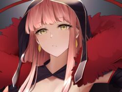  bad_id bad_twitter_id blunt_bangs commentary_request cosplay cu_chulainn_(fate) cu_chulainn_alter_(fate) cu_chulainn_alter_(fate)_(cosplay) dark_persona earrings fate/grand_order fate_(series) female fur_trim hood hood_up jewelry koruta_(nekoimo) long_hair looking_at_viewer medb_(fate) pink_hair red_fur solo yellow_eyes 