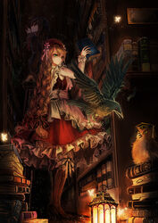  2girls bad_id bad_pixiv_id bird book book_stack bookshelf boots bow bug butterfly crow dress emon_(glossy_black) frilled_dress frills from_ground glowing_butterfly green_eyes hairbow holding holding_book indoors lantern light long_hair long_sleeves low-tied_long_hair multiple_girls original owl red_bow red_dress thigh_boots thighhighs 