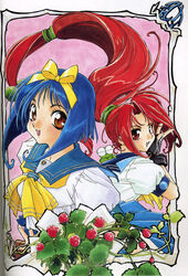  1990s_(style) 2girls asuka_120_percent berry blue_hair blue_sailor_collar bow brown_eyes dark_blue_hair fingerless_gloves frog gloves hairbow high_ponytail honda_asuka ishida_atsuko long_hair low-tied_long_hair multiple_girls official_art pink_background ponytail red_eyes red_hair retro_artstyle sailor_collar scan school_uniform serafuku short_hair smile toyota_karina wide_ponytail yellow_bow 