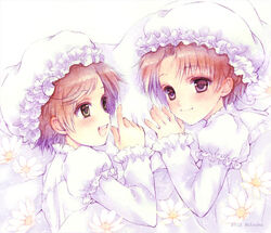  2boys :d androgynous axis_powers_hetalia blush brothers brown_hair commentary_request crossdressing green_eyes hat lying male_focus mitsuha_koharu multiple_boys northern_italy_(hetalia) on_side open_mouth otoko_no_ko painting_(medium) pink_eyes short_hair siblings smile southern_italy_(hetalia) traditional_media watercolor_(medium) 