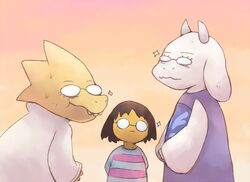  1other 2girls alphys androgynous animal_ears arms_behind_back bespectacled boke-chan colored_skin commentary_request frisk_(undertale) furry glasses goat_ears goat_girl gradient_background horns lab_coat multiple_girls shirt striped_clothes striped_shirt toriel undertale upper_body yellow_skin 