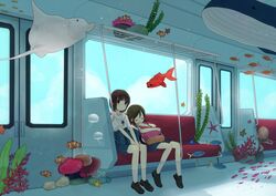  2girls bag brown_hair clownfish commentary_request coral fish hair_ornament hairclip jellyfish mituame multiple_girls octopus open_mouth original purple_eyes school_bag school_uniform serafuku short_hair sitting skirt sleeping smile stingray surreal train_interior underwater whale 