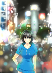  absurdres blurry bokeh breasts commentary_request depth_of_field female hand_on_own_hip highres hood hoodie keikyu_(tiltedcube) large_breasts original photoshop_(medium) shibuya_(156702) short_hair smile solo_focus tokyo_(city) very_short_hair 