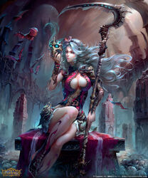  arm_guards armor armored_boots bare_legs bat_(animal) blue_eyes boots breasts cleavage commentary copyright_name female floating_hair fog grey_skirt hairband holding holding_skull holding_weapon knee_up large_breasts leaning_on_object legs_together lipstick long_hair looking_at_another makeup midriff miniskirt night outdoors pink_lips realistic ruins scythe shingeki_no_bahamut silver_hair sitting skirt skull solo very_long_hair weapon yu_cheng_hong 