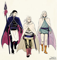  3boys arslan arslan_senki black_gloves black_hair blue_shirt brown_footwear brown_gloves cape commentary_request daryoon dated floating_hair full_body gloves hair_between_eyes holding holding_weapon long_hair looking_at_viewer male_focus multiple_boys narsus naruse_ichikusa pants photoshop_(medium) polearm ponytail sheath sheathed shirt signature simple_background smile spear standing sword walking weapon white_background white_cape white_hair white_pants 