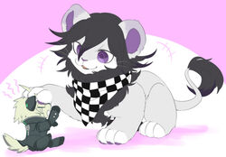  2boys aberu514 ahoge android animalization black_hair canine checkered_scarf closed_eyes couple danganronpa furry keebo lion mecha multiple_boys new_danganronpa_v3 open_mouth ouma_kokichi purple_eyes scarf 