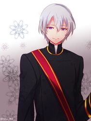  1boy bad_id bad_pixiv_id flower gradient_background grey_hair kakumeiki_valvrave kuroki_natsu l-elf male_focus priest purple_eyes smile solo spoilers uniform 