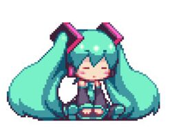  aqua_hair blush_stickers chibi commentary_request detached_sleeves female hair_ornament hatsune_miku headphones long_hair lowres md5_mismatch pixel_art sb_(coco1) smile solo twintails vocaloid 