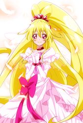  aida_mana alternate_costume alternate_hair_length alternate_hairstyle bad_id bad_pixiv_id blonde_hair blush bow brooch cure_heart cure_heart_(engage_mode) curly_hair detached_sleeves dokidoki!_precure dress eyelashes female hair_flip hair_ornament half_updo happy heart heart_brooch heart_hair_ornament huge_bow jewelry long_hair looking_at_viewer magical_girl namizou pink_bow pink_dress pink_eyes ponytail precure ribbon smile solo standing very_long_hair 