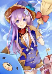  :d breasts broom cleavage cloud cloudy_sky commentary_request day dogoo female four_goddesses_online:_cyber_dimension_neptune gloves hair_ornament hat jewelry jokerace03 long_hair looking_at_viewer moon_(ornament) nepgear neptune_(series) open_mouth pointing pointing_at_self purple_eyes purple_hair ribbon scarf sky small_breasts smile solo witch_hat 