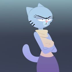  1:1 2016 angry anthro blue_body blue_fur cartoon_network clothed clothing crossed_arms digital_media_(artwork) domestic_cat felid feline felis female flutteringpie fur mammal mary_senicourt mature_anthro mature_female simple_background solo the_amazing_world_of_gumball turtleneck whiskers 