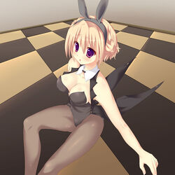  animal_ears bad_id bad_pixiv_id blonde_hair chihiro4649 detached_collar female original pantyhose photoshop_(medium) playboy_bunny purple_hair rabbit_ears short_hair tailcoat tailcoat_playboy_bunny vest 