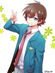  1boy bad_id bad_pixiv_id belt blue_eyes brown_hair flower kakumeiki_valvrave kuroki_natsu male_focus necktie school_uniform smile solo tokishima_haruto v 