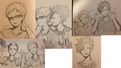  4boys commentary_request glasses grin haikyuu!! kuroo_tetsurou male_focus multiple_boys one_eye_closed open_mouth saku_anna smile tanaka_ryuunosuke traditional_media tsukishima_kei yaku_morisuke yamamoto_taketora 