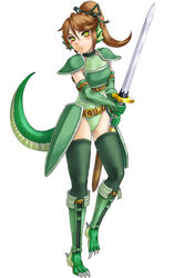  armor female kenkou_cross kenkou_kurosu lizard lizard_girl lizardman lizardman_(mamono_girl_lover) mamono_girl_lover monster_girl monster_girl_encyclopedia reptile sword warrior weapon 