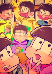  6+boys :p alternate_costume bad_id bad_pixiv_id beer_can blurry brothers can depth_of_field drink_can food food_on_face heart heart_in_mouth highres hood hoodie jitome male_focus matsuno_choromatsu matsuno_ichimatsu matsuno_jyushimatsu matsuno_karamatsu matsuno_osomatsu matsuno_todomatsu multiple_boys osomatsu-kun osomatsu-san osomatsu_(series) risao selfie sextuplets siblings tongue tongue_out v wall-eyed 