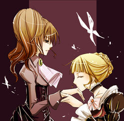  2girls bad_id bad_pixiv_id beatrice_(umineko) blonde_hair brown_eyes brown_hair bug butterfly choker closed_eyes dress end_of_the_golden_witch gigi kissing kissing_hand long_hair multiple_girls necktie open_mouth ponytail ribbon umineko_no_naku_koro_ni ushiromiya_natsuhi white_butterfly yuri 