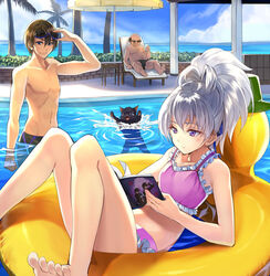  2boys bald barefoot black_cat blue_eyes brown_hair commentary_request darker_than_black duck_innertube feline female goggles hei_(darker_than_black) highres huang_(darker_than_black) innertube jammers kabocha_(monkey4) legs long_hair looking_at_viewer male_swimwear mao_(darker_than_black) multiple_boys palm_tree ponytail purple_eyes reading summer sunglasses swim_briefs swim_ring swimsuit toes tree white_hair yin_(darker_than_black) 