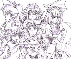  5girls armor bandage bare_shoulders bridal_gauntlets collar demon demon_girl echidna_(mamono_girl_lover) echidna_(monster_girl) feathers group harem harpy harpy_(mamono_girl_lover) head_fins head_rest headfins homunculus_(mamono_girl_lover) horns kenkou_cross kenkou_kurosu lizard lizard_girl lizardman lizardman_(mamono_girl_lover) long_hair looking_at_viewer looking_back lowres maid_headdress mamono_girl_lover midriff monochrome monster_girl monster_girl_encyclopedia multiple_girls pointy_ears profile puffy_sleeves reptile short_hair short_sleeves skull smile snake stitches succubus succubus_(mamono_girl_lover) sword tubetop uniform weapon wings 