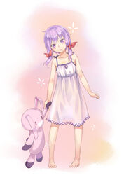  :o absurdres ahoge alternate_costume bare_arms bare_shoulders barefoot blush collarbone commentary_request doonatsu. dress female flat_chest full_body hair_ribbon highres holding legs_apart long_hair looking_at_viewer multicolored_background open_mouth pink_eyes pink_hair red_ribbon ribbon see-through_silhouette short_hair_with_long_locks sidelocks solo stuffed_animal stuffed_rabbit stuffed_toy sundress vocaloid voiceroid white_dress yuzuki_yukari 