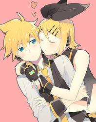  1boy black_bow black_star_(module) blonde_hair blue_moon_(module) blush bow cheek-to-cheek closed_eyes collared_shirt commentary_request crossed_arms female green_eyes hair_ornament hairclip headphones heads_together headset heart holding hug kagamine_len kagamine_rin necktie pink_background project_diva_(series) project_diva_extend shirt short_hair sinaooo vocaloid 