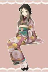  brown_eyes brown_hair commentary_request eto_ichika female floral_print hat japanese_clothes kimono obi original sash sitting smile socks solo 