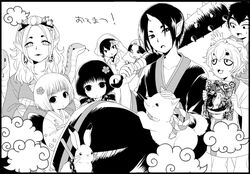  3girls 5boys animal bandana canine chains club_(weapon) commentary_request earrings fangs flower greyscale hair_flower hair_ornament hakutaku_(hoozuki_no_reitetsu) hoozuki_(hoozuki_no_reitetsu) hoozuki_no_reitetsu horns ichiko_(hoozuki_no_reitetsu) japanese_clothes jewelry kanabou karashi_(hoozuki_no_reitetsu) karauri_(hoozuki_no_reitetsu) kimono momotarou_(hoozuki_no_reitetsu) monochrome multiple_boys multiple_girls nasubi_(hoozuki_no_reitetsu) niko_(hoozuki_no_reitetsu) okou_(hoozuki_no_reitetsu) oni open_mouth pointy_ears rabbit saku_anna shiro_(hoozuki_no_reitetsu) single_horn snake spiked_club weapon white_background 