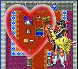  1boy armor black_eyes black_hair blush cape carrying dragon_quest dragon_quest_i dress elbow_gloves female gloves green_eyes helmet hero_(dq1) highres jewelry long_hair orange_hair orange_legwear pink_footwear princess princess_carry princess_laura professormegaman shoes tiara 