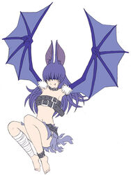  animal_ears bandage barefoot bat belt hair_over_eyes kenkou_cross kenkou_kurosu long_hair mamono_girl_lover monster_girl monster_girl_encyclopedia oerba_yun_fang purple_hair smile torn_clothes werebat wings 