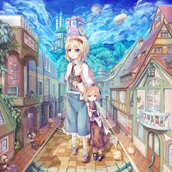  2girls :o absurdres aircraft airship alice_margatroid arch bad_id bad_pixiv_id bag balcony bear bird blonde_hair blue_eyes blue_sky bow canine capelet cart chick clothesline cloud crown day dress feline fence footwear_bow frown giant giantess hair_ribbon hairband half-timbered hand_on_own_shoulder handbag highres hill hug ivy lamppost lantern lolita_hairband looking_away mansion market_stall mary_janes medicine_melancholy multiple_girls panda paraglider pavement peeking_out penguin planet puffy_short_sleeves puffy_sleeves purple_eyes rabbit ribbon sash seneto sett shadow shanghai_doll shoes short_hair short_sleeves skirt_grab sky sleeping snake sparrow storefront stuffed_animal stuffed_toy teddy_bear tiles touhou village window wrist_cuffs 