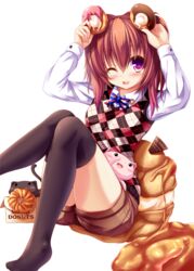  ;d argyle_clothes argyle_sweater_vest black_thighhighs blush cassini_m_bisuko commentary_request doughnut feline female food holding long_hair looking_at_viewer one_eye_closed open_mouth original purple_eyes revision sitting smile solo sweater_vest syroh thighhighs 