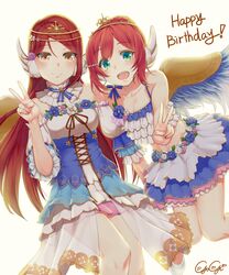  2girls angel_wings aqua_eyes artist_name backlighting bare_shoulders circlet commentary_request crop_top cross-laced_clothes dress feathered_wings flower gogi hair_ornament hairclip happy_birthday highres kurosawa_ruby long_hair looking_at_viewer love_live! love_live!_school_idol_festival love_live!_sunshine!! multiple_girls open_mouth orange_eyes red_hair sakurauchi_riko simple_background skirt smile spaghetti_strap v wings 