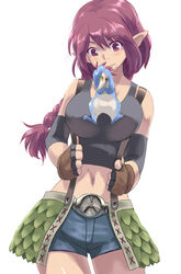  between_breasts blush braid breasts brown_eyes commentary_request crop_top elf female fingerless_gloves gloves iwaya large_breasts lizard midriff navel original photoshop_(medium) pointy_ears purple_hair revision shorts solo suspenders tank_top 