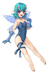  aqua_hair bare_shoulders barefoot blue_gloves blush fairy feet female gloves horns kenkou_cross kenkou_kurosu legs leotard lowres mamono_girl_lover monster_girl monster_girl_encyclopedia open_mouth pixie pixie_(mamono_girl_lover) purple_eyes short_hair solo wings 