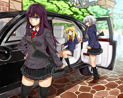  3girls bad_id bad_pixiv_id black_legwear blonde_hair blue_eyes breasts car closed_eyes drill_hair gun h&amp;k_mp5 hairband hand_grab harumaki-0327 heckler_&amp;_koch highres holding_hands long_hair medium_breasts motor_vehicle multiple_girls necktie open_mouth original purple_eyes purple_hair rolls-royce school_uniform short_hair silver_hair skirt smile socks submachine_gun sweater thighhighs twin_drills twintails weapon zettai_ryouiki 