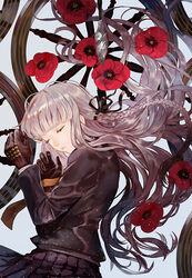  black_gloves black_jacket black_ribbon black_skirt blunt_bangs braid camellia commentary danganronpa:_trigger_happy_havoc danganronpa_(series) eyelashes female flower from_side gloves hair_ribbon jacket kirigiri_kyoko light_particles long_hair looking_at_viewer lying necktie on_side parted_lips photoshop_(medium) pleated_skirt purple_hair red_flower ribbon say_hana school_uniform side_braid single_braid skirt solo spindle spinning_wheel upper_body very_long_hair yellow_necktie 