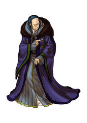  1boy blue_hair fire_emblem fire_emblem:_radiant_dawn highres izuka_(fire_emblem) kita_senri male_focus monocle official_art old old_man photoshop_(medium) robe simple_background solo white_background 